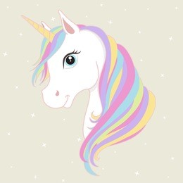 white unicorn vector head with mane and horn on starry background.