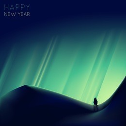 northern lights and cute lonely figure in the mountains. new year postcard, wallpaper, background etc. colorful and minimalistic
