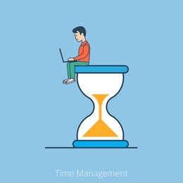 linear flat businessman with laptop sitting on big hyperbolic hourglass vector illustration. business time management concept.