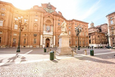 carignano square with vincenzo gioberti statue in the old city center of turin city in italy
