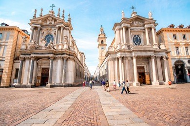 two similar churches on san carlo square in the old city center of turin city in italy