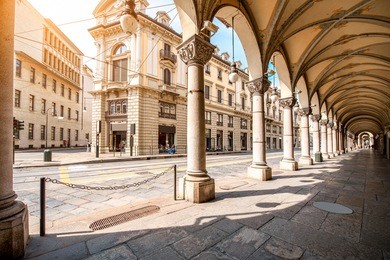 central street with beautiful buildings in turin city in piedmont region in italy