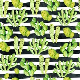 watercolor cactus seamless pattern on  black watercolor abstract horizontal stripes background