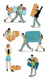 moving home vector illustration. young couple making a move new home.