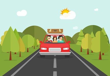 happy family trip by car vector illustration, flat cartoon smiling family characters in auto travelling on road across forest and hills, concept of road journey together 