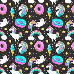 seamless pattern with unicorns, donuts rainbow, confetti and other elements.vector background with stickers, pins, patches in cartoon 80s-90s comic style.