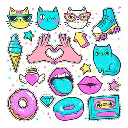fashion patch badges with lips, hearts,cats, stars and other elements for girls. vector illustration isolated on white background. set of stickers, pins, patches in cartoon 80s-90s comic style.
