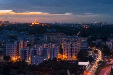 long exposure and soft focus to cars light trails. shwedagon pagoda, yangon, myanmar.