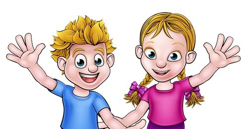 cartoon young boy and girl kids waving, possibly brother and