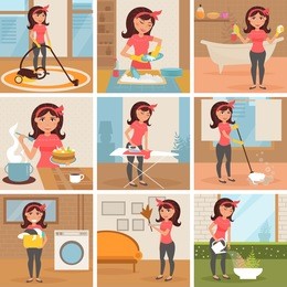 housewife. cleaning, cooking, washing, ironing, watering flowers. homework. cleaning lady. vector isolated illustration. cartoon characters. set. woman work