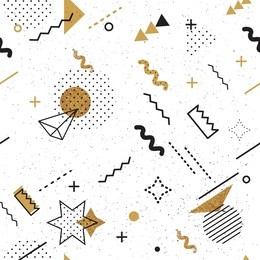 trendy geometric elements memphis card. seamless memphis pattern for tissue and postcards. hipster poster, black and golden color background. vector illustration