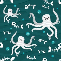 seamless pattern monsters octopus and fish skeleton