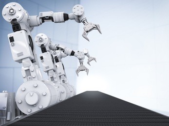 3d rendering white robotic arms with empty conveyor belt