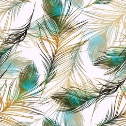 imprints peacock feathers. hand painted seamless pattern. digital drawing and watercolor texture. background for textile decor and design. botanical wallpaper. boho chic art, mixed media. floral frame