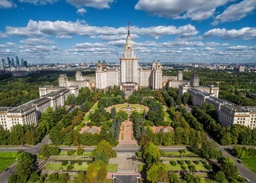 aerial panoramic view of lomonosov moscow state university (mgu, msu) on sparrow hills, moscow, russia. 