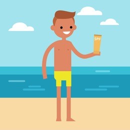 young redhead boy is holding a bottle of sunscreen lotion on the beach // flat editable vector illustration