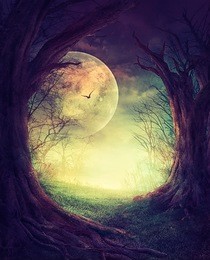 halloween design. festive background with autumn valley with woods, spooky tree and full moon. space for your halloween holiday text.
