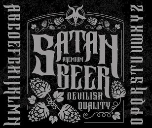 satan beer label set. retro font set with hops ornament frame for making label design. 