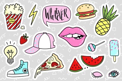 fashion quirky cartoon doodle patch badges with cute elements. vector illustration isolated on background. set of stickers, pins, patches in cartoon comic style of 80s-90s. vector collection