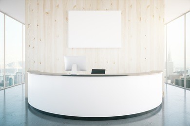 modern white reception desk with blank banner in interior with wooden wall, shiny floor and panoramic windows with city view. mock up, 3d rendering