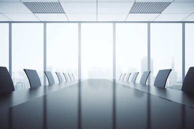 closeup of shiny dark table and chairs in conferece room interior with city view and daylight. 3d rendering