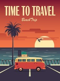 vector flat poster on the theme of summer vacation on beach featuring retro car with birds  and palm silhouette
