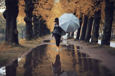 autumn landscape city woman umbrella rain puddles of yellow trees