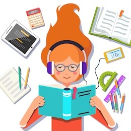 cute school or collage student girl lying down and reading a book while listening to a music with her headphones and smartphone. flat style vector illustration isolated on white background.