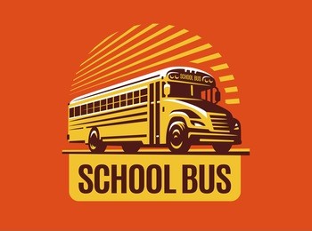 school bus illustration on light background, emblem