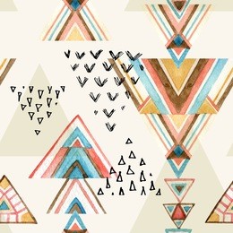 abstract watercolor geometric seamless pattern. triangles with aztec ornament, watercolor and grunge textures. geometrical background in tribal style. hand painted ethnic illustration