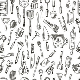 seamless pattern with kitchen supplies. hand drawn vector illustration. peeler, grater, spoon, corkscrew, slicer, pepper mill, steel knife, whisk, fork, salt shaker and other elements for your design.