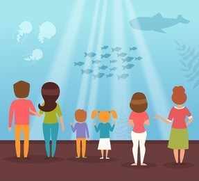 excursion in  oceanarium. vector illustration. cartoon character.