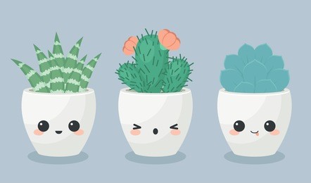 succulents in kawaii faces flower pots. vector illustration. 
