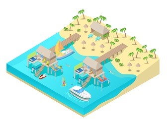 isometric tropical beach vacations. resort with bungalows palm trees and boats. vector 3d flat illustration