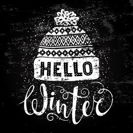 hello winter text and knitted woolen cap. seasonal shopping concept design for banner or label. stylized drawing chalk on blackboard. isolated vector illustration.