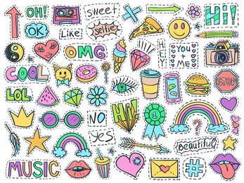 patch badges set. doodle sketch vector. comic stickers with words, lips, rainbow, ice cream, hearts, glasses, arrow and diamonds. social media funny badges. college fashionable pins.