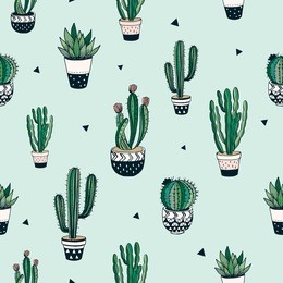 hand drawn seamless pattern with cacti and succulents