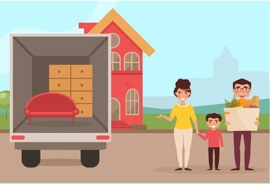 family moved into a new house. mother, father, son. man holding a box. vector illustration. cartoon character. isolated.