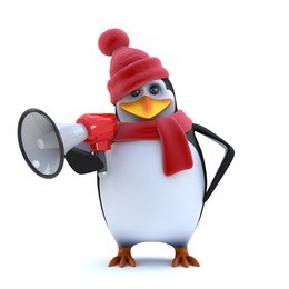 3d render of a penguin dressed in winter woolens using a megaphone