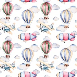 seamless pattern with air balloons,airship,clouds and the plane in pastel colors.watercolor air ballons beautifully decorated on white background and other aircrafts.perfect for wallpaper