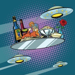 flying a dinner tray and ufo, pop art retro vector illustration. delicious food. science fiction