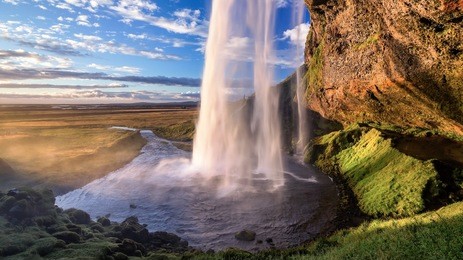 seljalandsfoss waterfall at sunset, september 2016, iceland