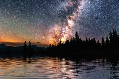 starry sky over the sea. fantastic milky way. meteor shower. carpathians. ukraine, europe