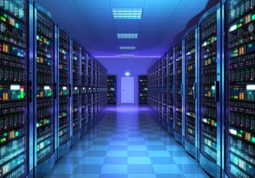 modern web network and internet telecommunication technology, big data storage and cloud computing computer service business concept: server room interior in datacenter in blue light