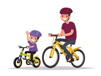 active holidays. father and son are riding bikes. vector illustration of a flat design