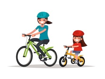 cycling. mother and daughter are riding bikes. vector illustration of a flat design