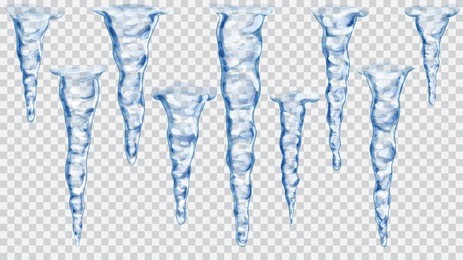 set of translucent blue icicles on transparent background. transparency only in vector file