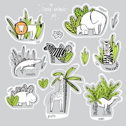 african animals. vector set of funny animals with names. hand drawn set of stickers, coloring for children's and adults..