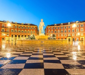 the fountain du soleil on place massena square nice, french riviera, cote d'azur, france