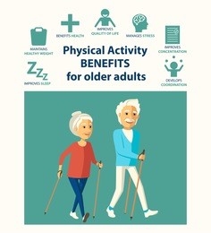 informational poster template for senior. physical activity benefits for older adults. important of physical activities for elderly people. nordic walking